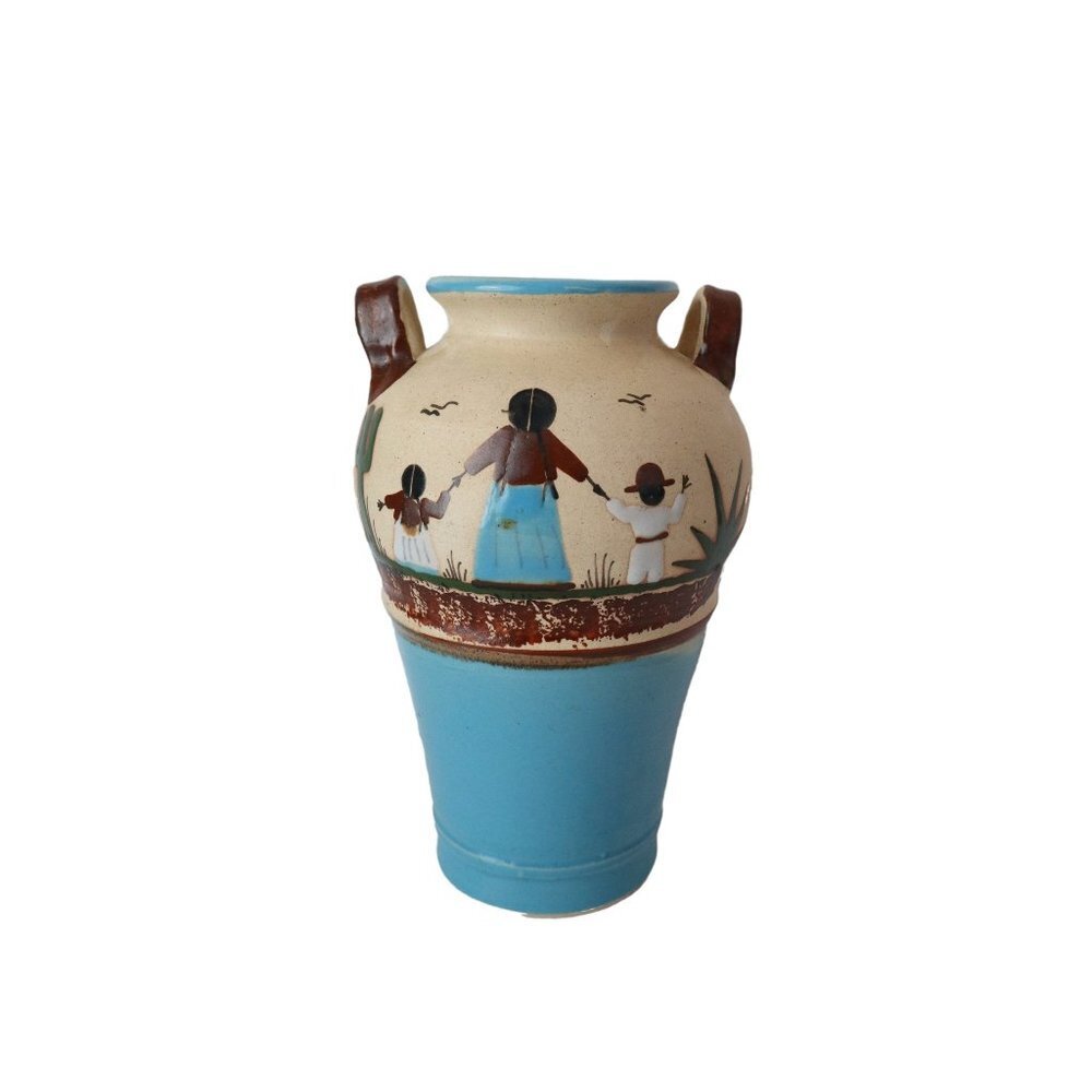 Vintage Tonala Pottery Vase Mother & Children Hand Painted Signed Mexico 8.5"